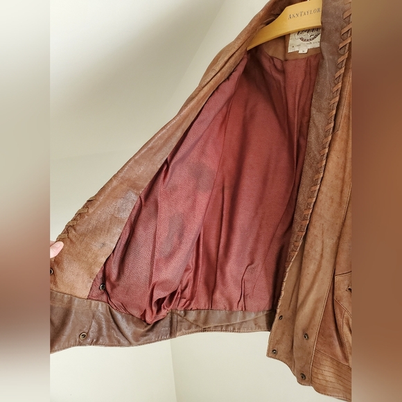 90s Vintage Patchwork Brown Leather Bomber Jacket with Grandpa Collar - Picture 4 of 9